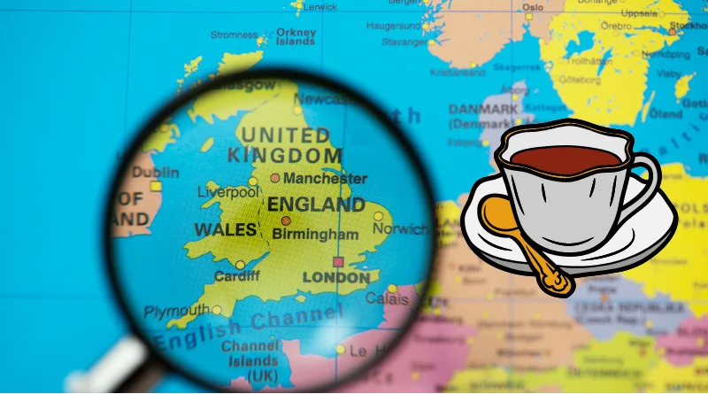Angleterre sur une carte avec un thé à coté